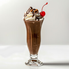 Chocolate Milkshake Topped with Whipped Cream, Nuts, Chocolate Syrup, and a Cherry