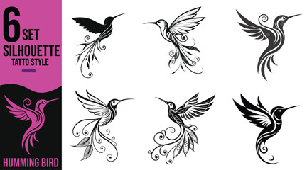 Set of Hummingbird Silhouette Tattoo Style Designs 