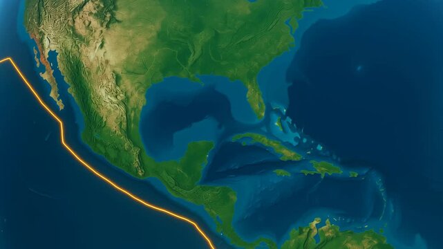 Climate data visualization. Realistic high resolution satellite map displaying Central America Caribbean ocean depth tectonic plate boundary detailed terrain