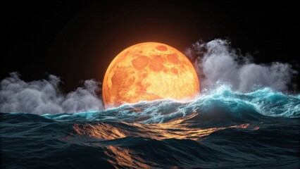 Dramatic orange moon rising over turbulent ocean waves under starry night sky with clouds