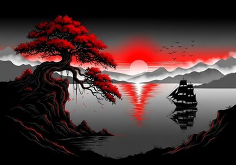 Japanese landscape illustration of a bonsai tree sailing ship sunset silhouette scene