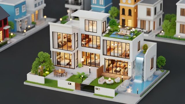 Pixel Art of Modern White House With Waterfall Feature and Green Lawn Surrounded by Colorful Houses in Neighborhood
