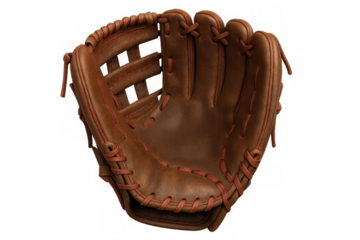 Leather baseball glove showing its intricate stitching and lacing on transparent background