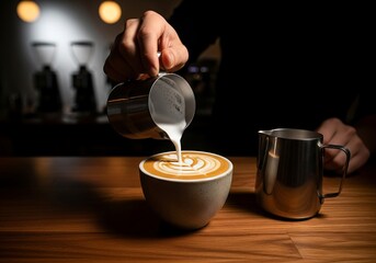 Barista pouring steamed oat milk into espresso, tulip latte art, cinematic café scene, stock image for specialty coffee branding