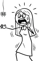 Obraz premium Cartoon woman scared of spider illustration arachnophobia fear horror anxiety phobia drawing