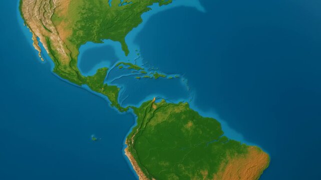Climate data visualization. South America and Central America map displaying green terrain and ocean, topographic features with detailed elevation