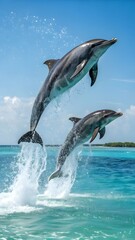 Obraz premium Two Dolphins Leaping Out of the Ocean in Mid-Air Splash on a Sunny Day