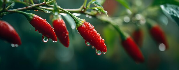Macro chili pepper stem with raindrops, pepper stem in natural soft light, cinematic chili close-up outdoors, Macro Chili Rain Scene, Cinematic Pepper Stem Close-up, Raindrop Veggie Portrait,