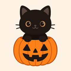 Fototapeta premium Cute black cat inside pumpkin flat vector illustration