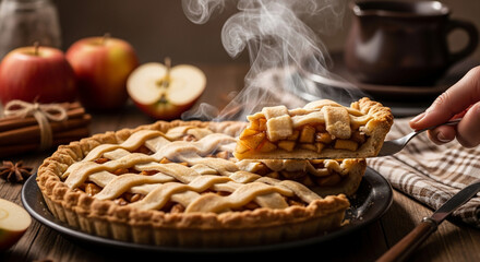 Steaming Homemade Apple Pie Slice Served on Rustic Wooden Table