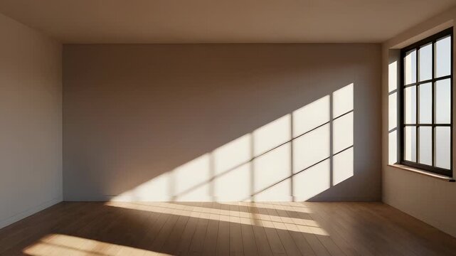 Sunlit Empty Room with Shadows on Wooden Floor and Arched Doorway with Sunlight Streaming Through Window