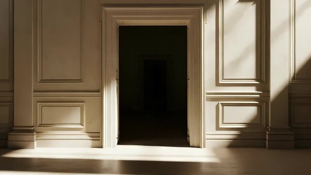 Sunlit Hall with Beige Walls Marble Floors Symmetrical Doors and Shadow Patterns in Classic Architectural Design