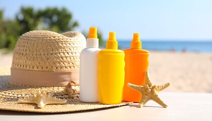 Straw hat, sunscreen bottles, and starfish on beach