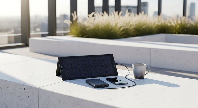 Foldable solar panel with power bank and phone, rooftop garden scene for sustainable tech branding