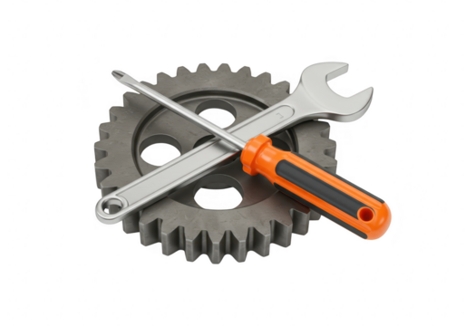 A metal wrench and screwdriver crossed over a dark grey gear, isolated on a transparent background