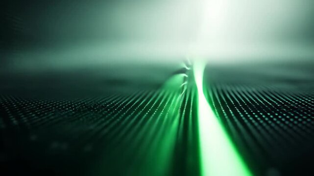 Green light shines on abstract dark surface, lines fading to white
