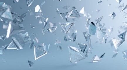 Abstract image of numerous translucent, triangular shards floating against a muted blue backdrop, creating a sense of motion and fragility