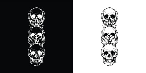 Distressed see no evil speak no evil hear no evil skull stack in monochrome gothic horror engraving style for t shirt design
