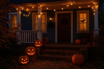 Obraz premium Cozy Halloween House with Carved Pumpkins, String Lights, and Autumn Leaves at Twilight