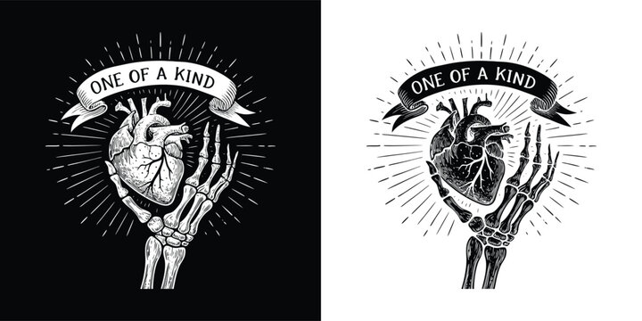 One of a Kind Anatomical Heart Held by Skeleton Hand with Banner and Rays in Black and White for Gothic Tattoo Art and T Shirt Design