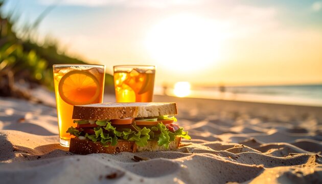 Sunset beach picnic with iced tea and sandwich - Powered by Adobe