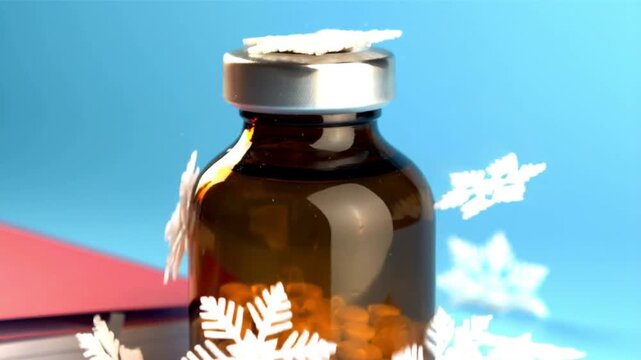 winter_medicine_bottle_with_snowflakes_on light blue background moving in slow motion arround