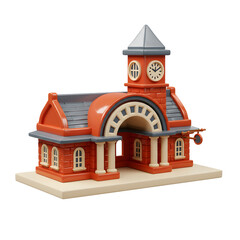 3D Render of Classic Railway Station Building with Clock Tower Isolated on Transparent Background for Architecture Use