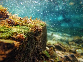 Underwater close-up of mossy rock, sunlight dappling through water