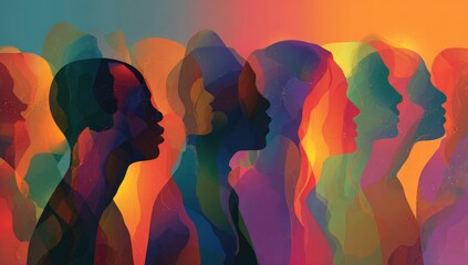 Abstract illustration of diverse faces in profile, rendered in vibrant, overlapping colors creating a sense of unity and community