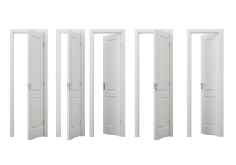 A collection of five white interior doors, some open and some closed, isolated on a transparent background
