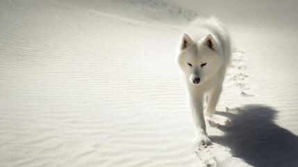 Naklejka premium White dog walking on white sand dunes.