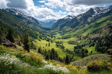 Fototapeta premium Lush valley nestled between snow-capped mountains