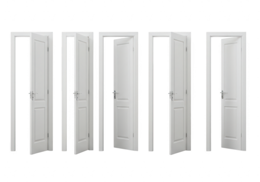 A collection of five white interior doors, some open and some closed, isolated on a transparent background