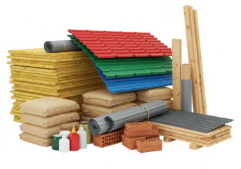 A variety of construction materials including roofing tiles, wood beams, insulation, cement bags, and bricks isolated on transparent background