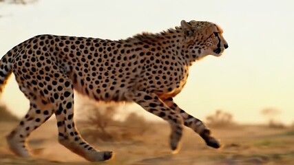 A cheetah in motion across a golden savanna landscape at sunset. - Powered by Adobe