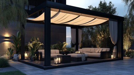 A black metal modern garden canopy with cream fabric and sofa