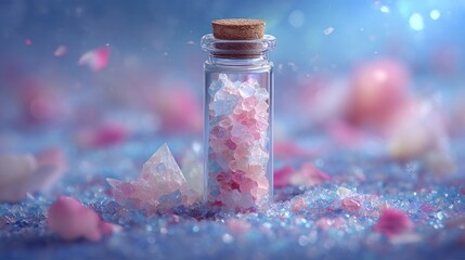 Delicate glass jar filled with pastel crystals and petals.