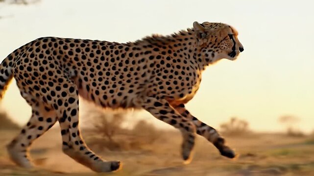 A cheetah in motion across a golden savanna landscape at sunset.