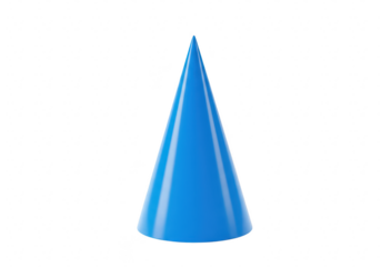 A single, glossy blue cone isolated on a plain transparent background