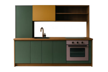 Colorful, compact kitchen cabinetry with a muted color palette.