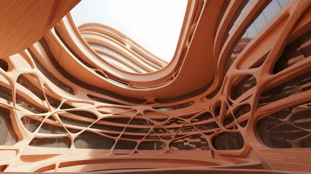 Abstract Orange Architecture with Web Like Structural Design and Pixelated Texture Under Bright Sky