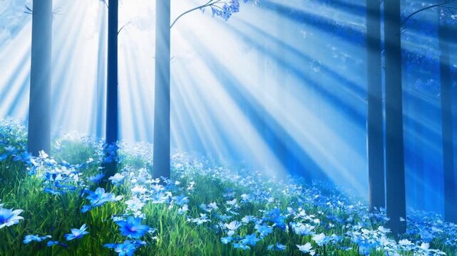 sunlit forest with blue flowers and magical light rays