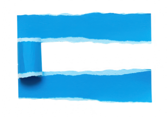 A sheet of vibrant blue paper is torn, revealing a white space for text or design isolated on transparent background