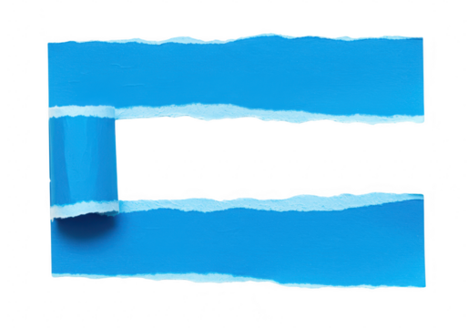 A sheet of vibrant blue paper is torn, revealing a white space for text or design isolated on transparent background