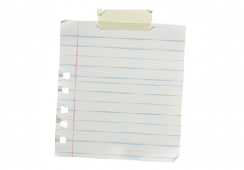 A lined sheet of paper is taped to a surface, ready for notes or messages isolated on transparent background