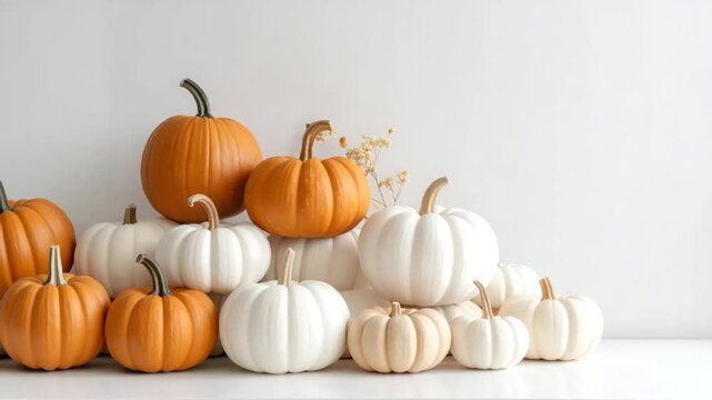 Autumn pumpkins stacked on shelf