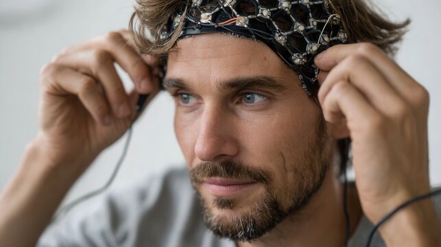 Man Adjusting EEG Cap for Brain Activity Monitoring Experiment
