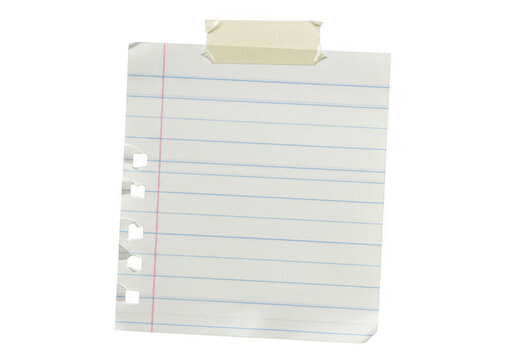 A lined sheet of paper is taped to a surface, ready for notes or messages isolated on transparent background