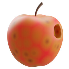3D render of a decayed apple with visible hole and spots. Represents food spoilage, organic imperfection, or unhealthy fruit.

