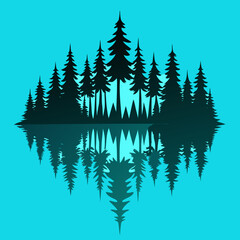 Obraz premium Silhouette of evergreen trees reflected in calm water
